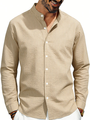 Men's khaki cotton blend long sleeve shirt with vertical white pinstripes and band collar.
