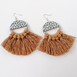 Leopard print tassel earrings with tan fringe and wood detail