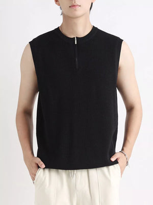 Black textured knit men's tank top with quarter-zip neckline.