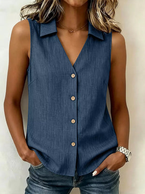 Full Size Button-up Sleeveless Collared Top in Navy, front view