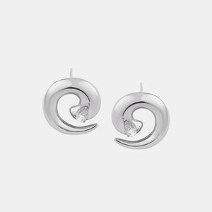 Silver swirl stud earrings with a pear-shaped zirconia accent.