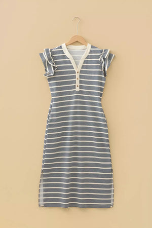 Navy stripe midi dress with ruffled sleeves, V-neck, and button detail.