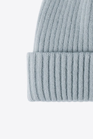 Happy Patch Ribbed Beanie in Steel, acrylic knit with ribbed texture.