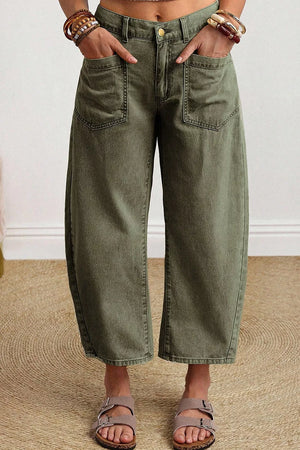 Four Leaf Clover Solid Color Ankle Jeans in Army Green, close-up detail