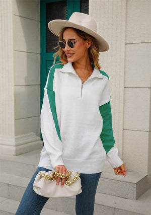 Colorblock zip-neck knit pullover sweater in white with mid green sleeves and side panels.