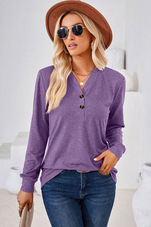 Lavender henley neckline jersey top with button detail