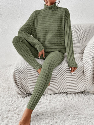 Textured turtleneck loungewear set in Matcha Green with ribbed detail.