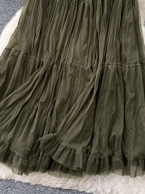 Army green tiered tulle skirt with ruffled hem and lining
