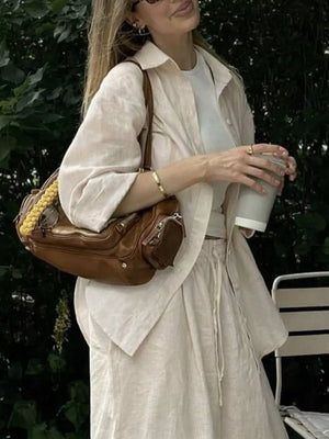 Button Up Shirt And Drawstring Pants Set in Apricot, side view