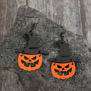 Black witch hat pumpkin Halloween earrings made of alloy.