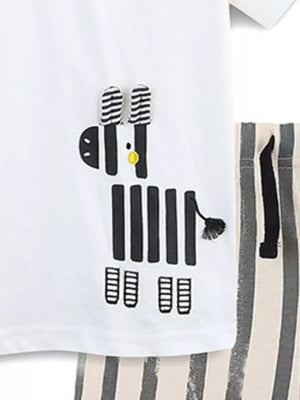 White cotton baby tee with zebra graphic and striped shorts.