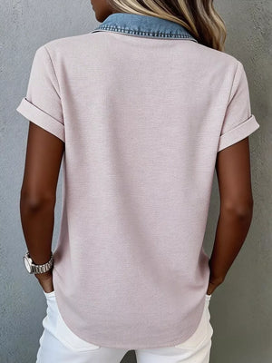 Pink heathered short sleeve maternity shirt with denim collar and cuffed sleeves.