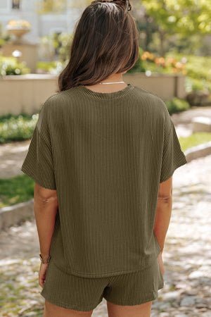 Olive ribbed co-ord set with boxy tee and shorts, showing back view.