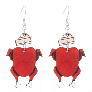 Thanksgiving turkey charm dangle earrings with pie slice detail.