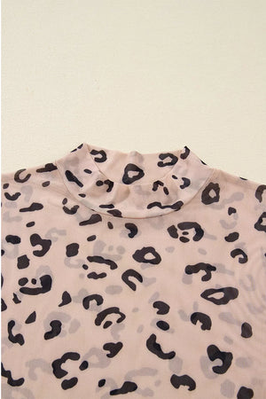 Mock Neck Sheer Mesh Leopard Bodysuit in Khaki, editorial view