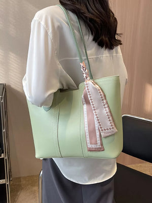Elegant large green pu leather tote bag with decorative scarf detail