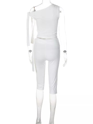 White one-shoulder tie top with capri pants set.
