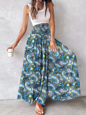 Bohemian print wide-leg pants with smocked waist in Royal Blue and Teal.