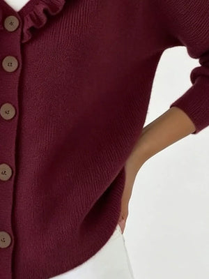 Ruffled Neckline Button-up Cardigan in White, view 12