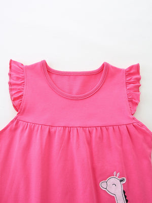 Pink cotton bikini set with giraffe applique and ruffle sleeves