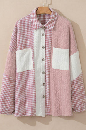 Panelled houndstooth quilted shacket in dusty pink with cable knit details and chest pockets.