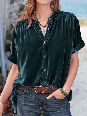 Dark Green velvet button-down blouse with mandarin collar and short sleeves.