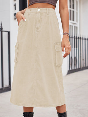Tan denim midi skirt with cargo pockets and a front slit