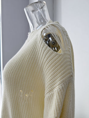 Off white distressed cotton sweater with deconstructed shoulder detail