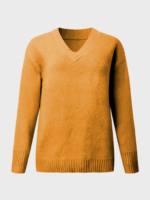 Ribbed trim V-neck knit sweater in mustard yellow with long sleeves and ribbed cuffs and hem.
