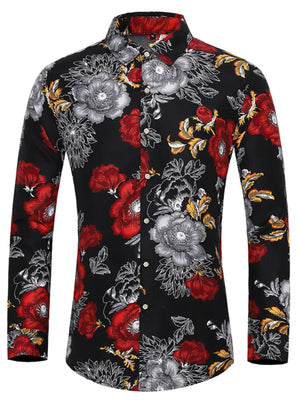 Men's black long sleeve button-down shirt with red and grey floral print