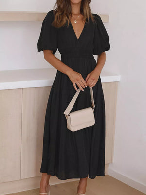 Elegant Puff Sleeve V-neck Midi Dress in Black, product detail