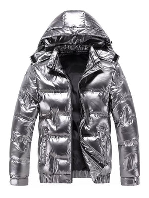 Silver reflective hooded puffer coat for men with zippered pockets and elastic cuffs.