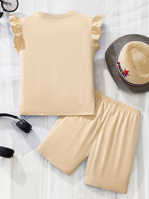 Girls' beige cotton underwear set with ruffle sleeves and shorts.