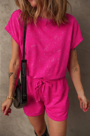 Hot pink acid wash tee and shorts set with drawstring waist.
