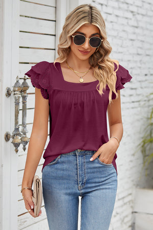Deep Purple eyelet flutter sleeve square neck blouse with gathered detail