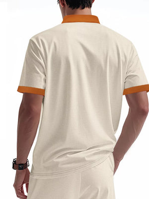 Men's short sleeve tee in Apricot with contrasting collar and cuffs.