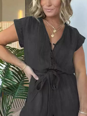 Dark Gray tie-waist romper with button-down front and short sleeves.