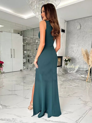 Elegant ruched maxi dress in French Blue with a high slit and sleeveless design.