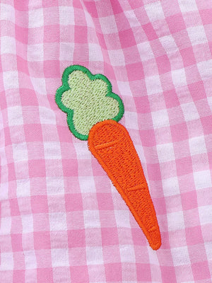 Pink gingham baby dress with carrot embroidery detail.