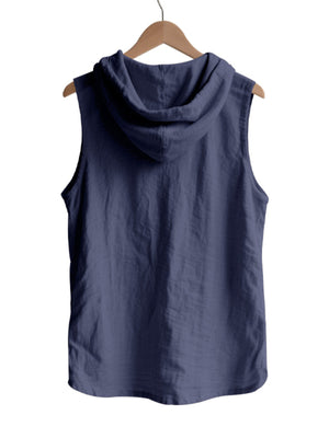 Navy blue casual sleeveless hooded men's cotton shirt, back view