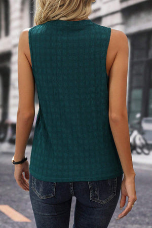 Dark Green textured keyhole sleeveless blouse with a subtle grid pattern.