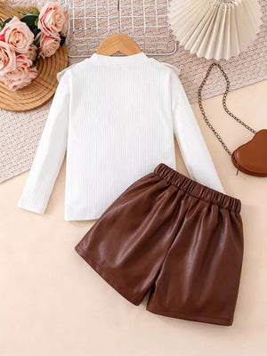 Children's Ruffled Long Sleeve Top And Skirt Set in White, model styling view