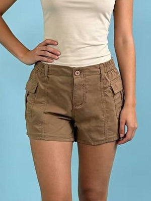 Brown cargo shorts with button fly and multiple pockets.