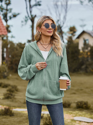 Sage green textured knit dolman sleeve zip-up hoodie with pockets