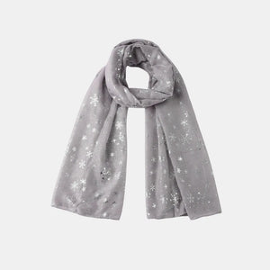 Gray scarf with silver snowflake print and scattered dots