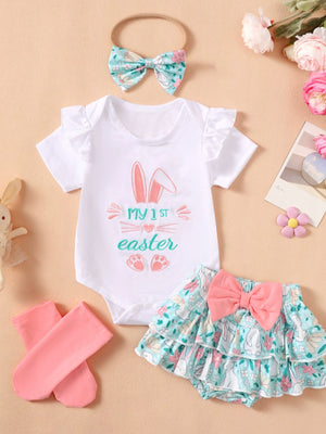 White ruffled bodysuit with Easter bunny graphic and floral ruffled skirt with pink bow.