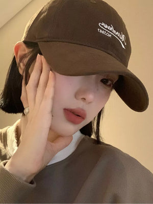 Embroidered letter baseball cap in deep coffee cotton with curved brim