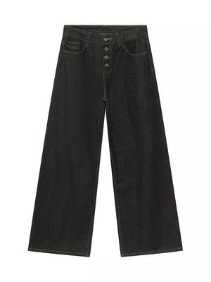 Relaxed fit dark wash denim jeans with button fly and white stitching.
