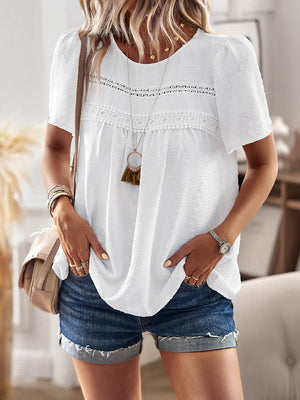 White textured puff sleeve blouse with lace yoke detail