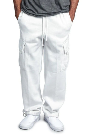 White fleece cargo lounge trousers with drawstring waist and side pockets.